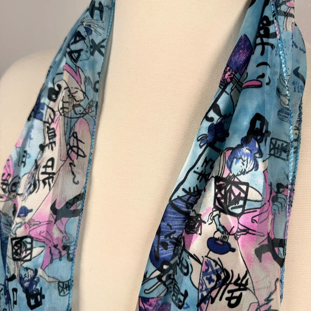 Space Age Blue Geisha Japanese Calligraphy Sheer Rectangle Scarf Made in Korea